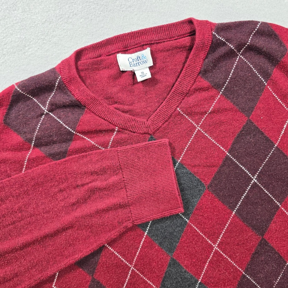 Croft & Barrow Mens XL Red Argyle V-Neck Sweater Cotton Blend Knit Pullover